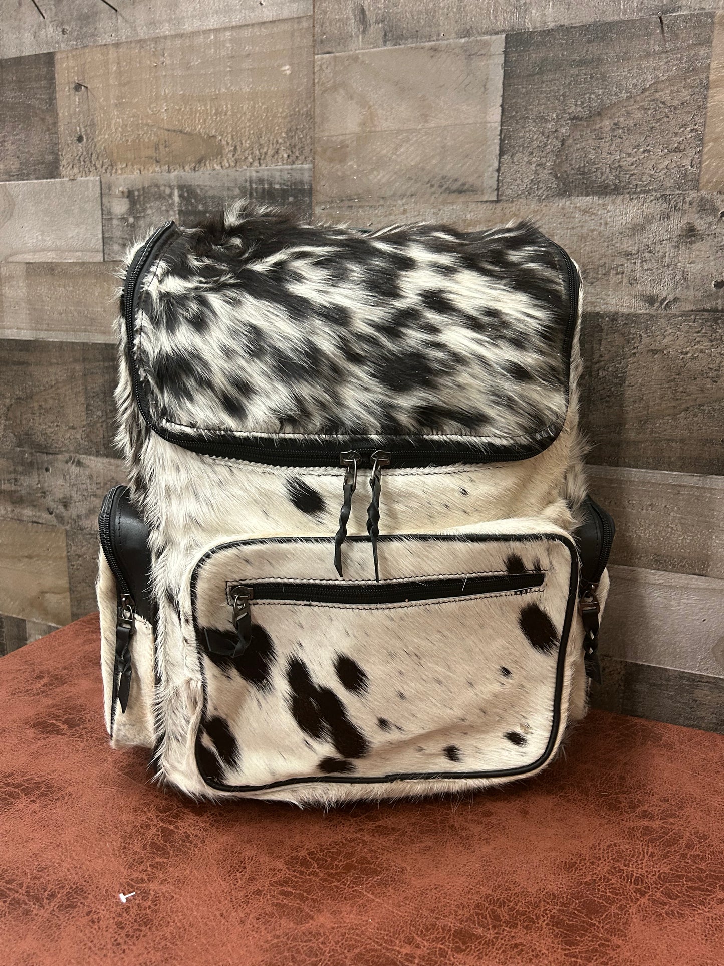 Leather Backpack With Cowhide L-12” H-14” W-6”