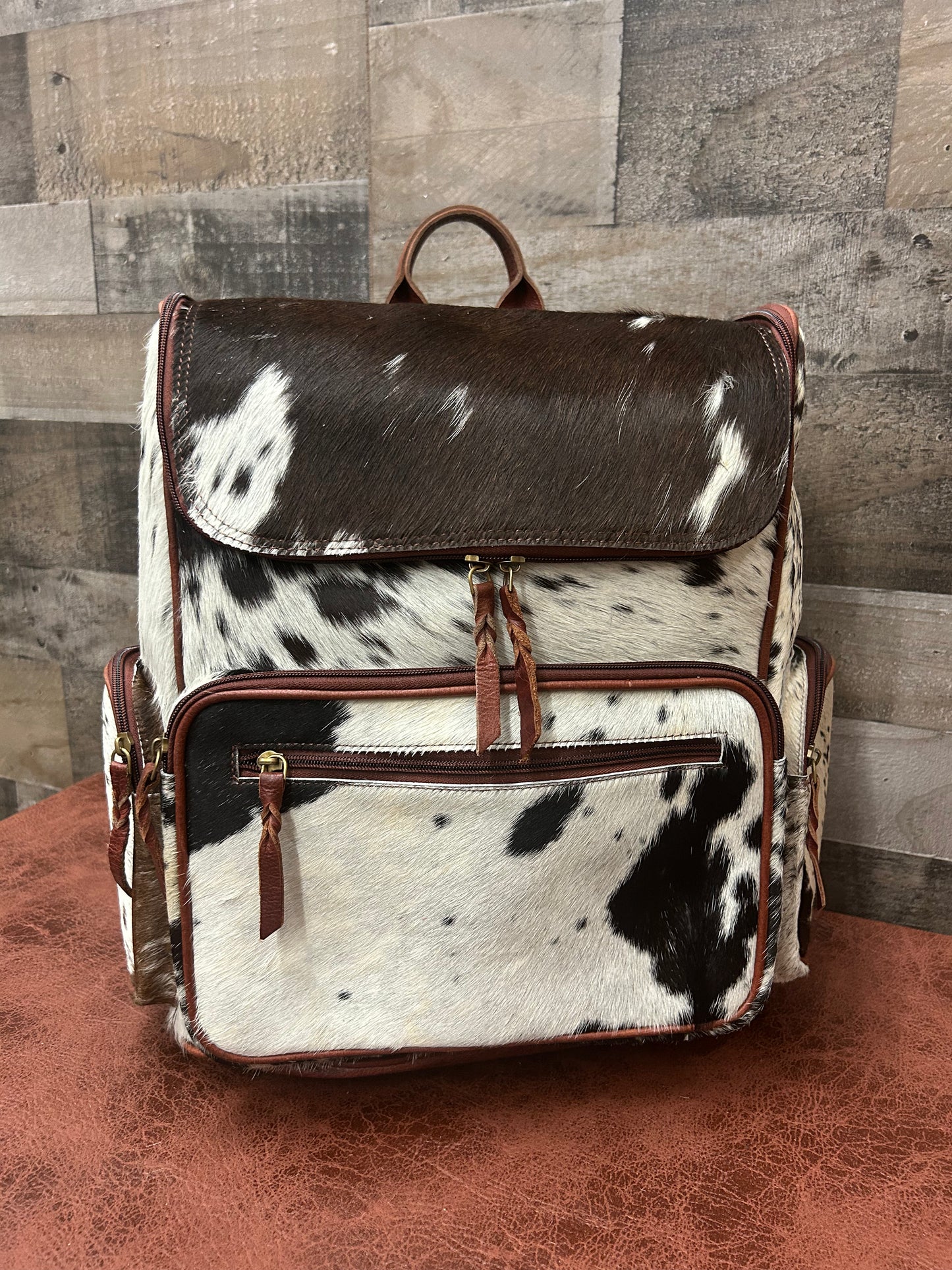 Leather Backpack With Cowhide L-12” H-14” W-6”