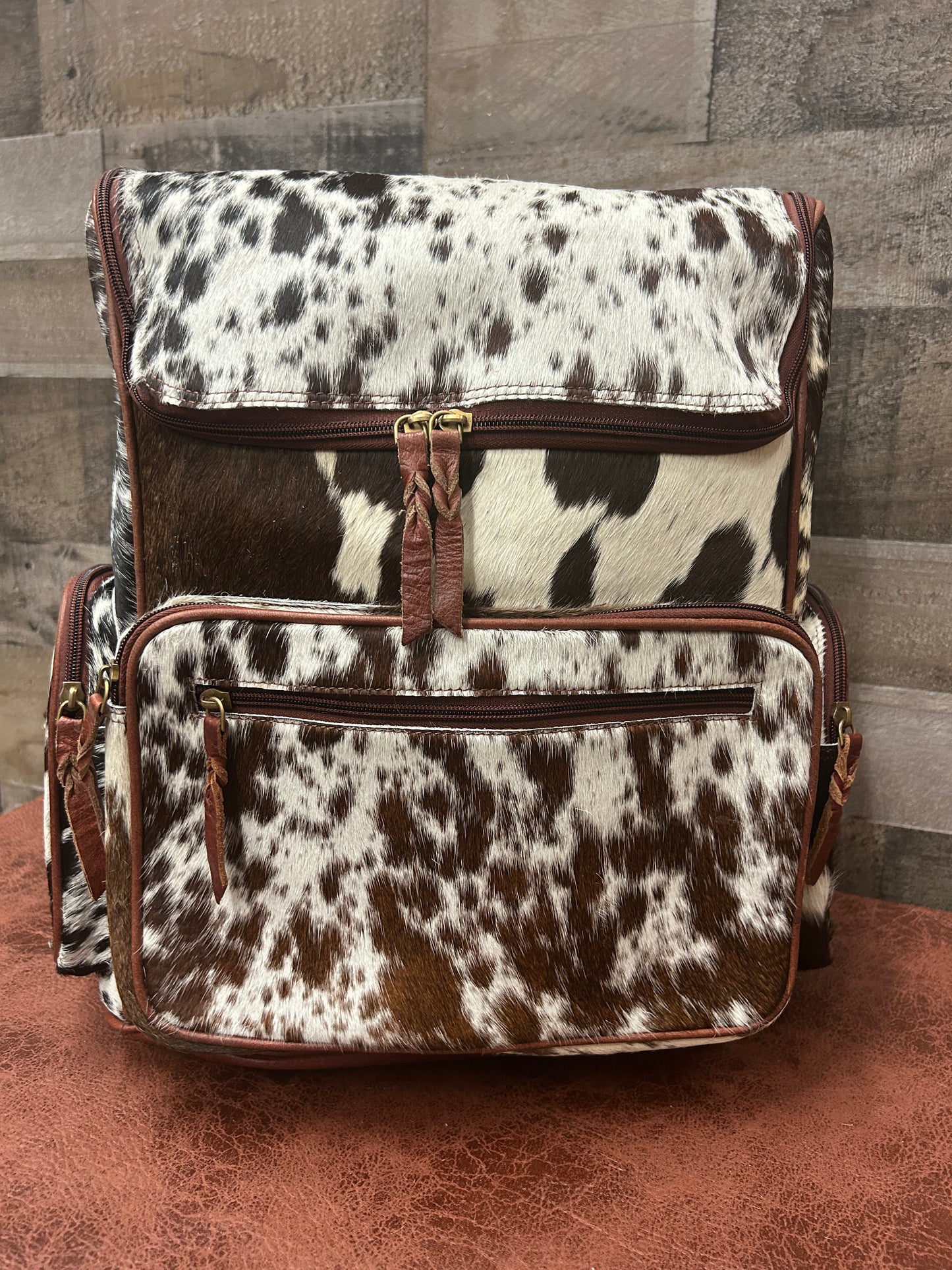 Leather Backpack With Cowhide L-12” H-14” W-6”