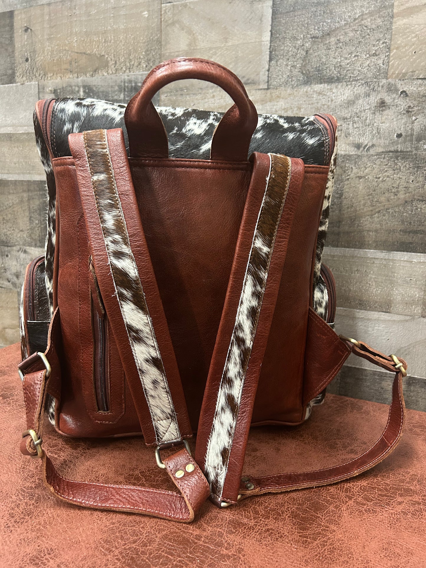 Leather Backpack With Cowhide L-12” H-14” W-6”