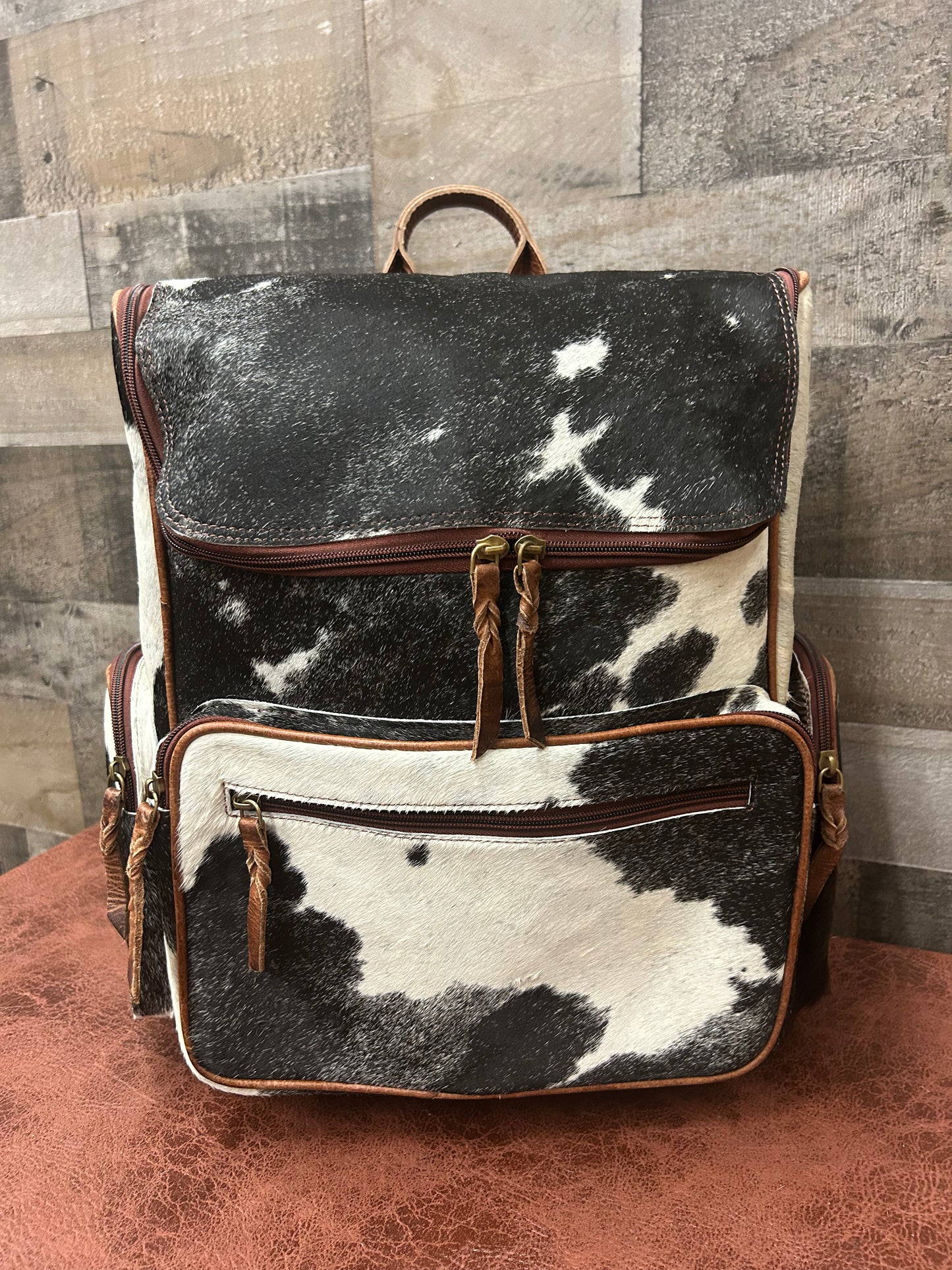Leather Backpack With Cowhide L-12” H-14” W-6”