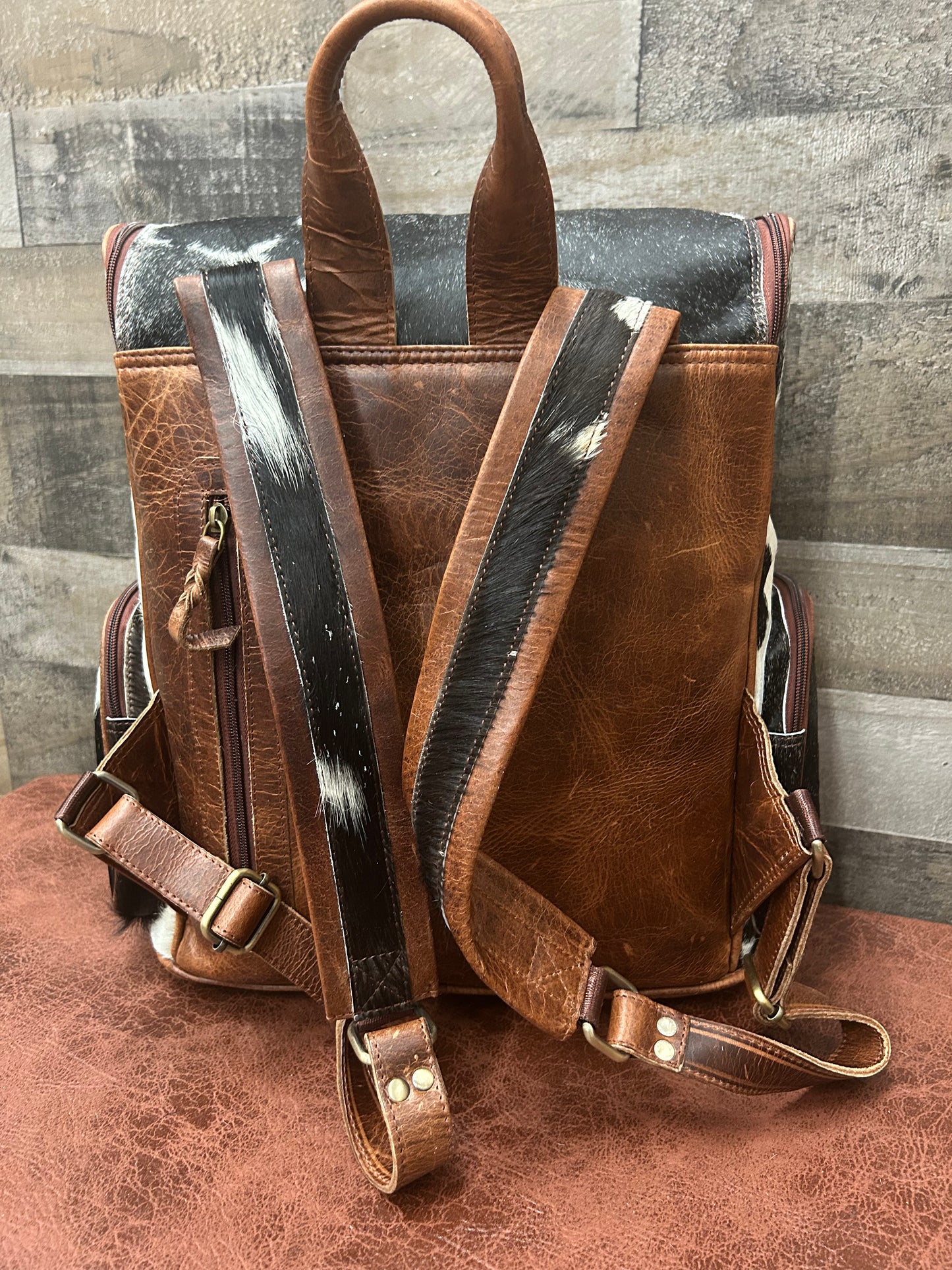 Leather Backpack With Cowhide L-12” H-14” W-6”