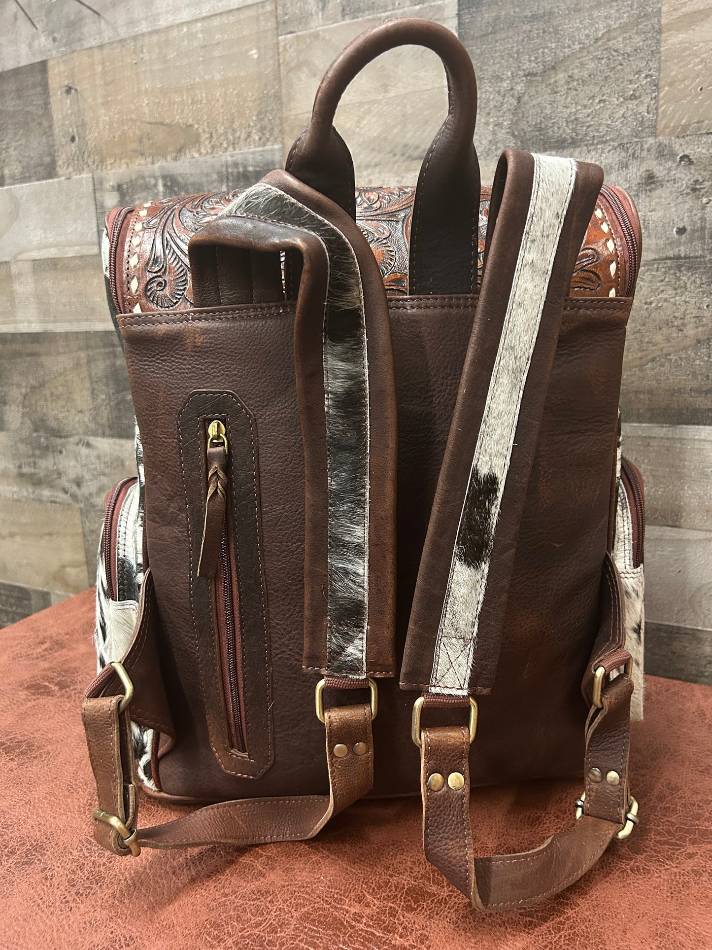 Leather Backpack With Cowhide L-12” H-14” W-6”