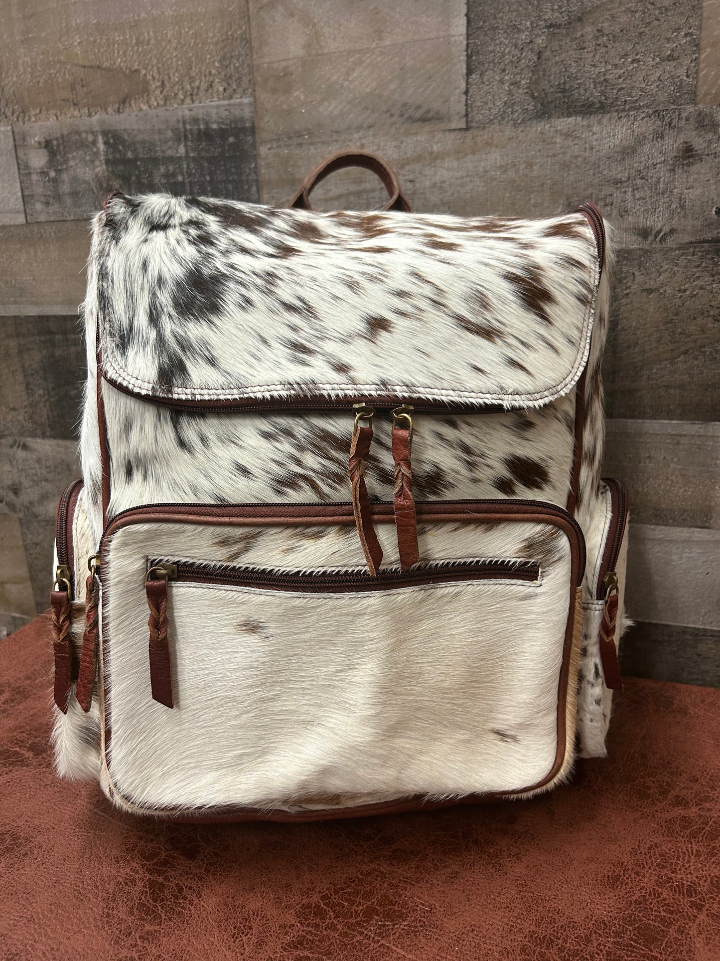 Leather Backpack With Cowhide L-12” H-14” W-6”