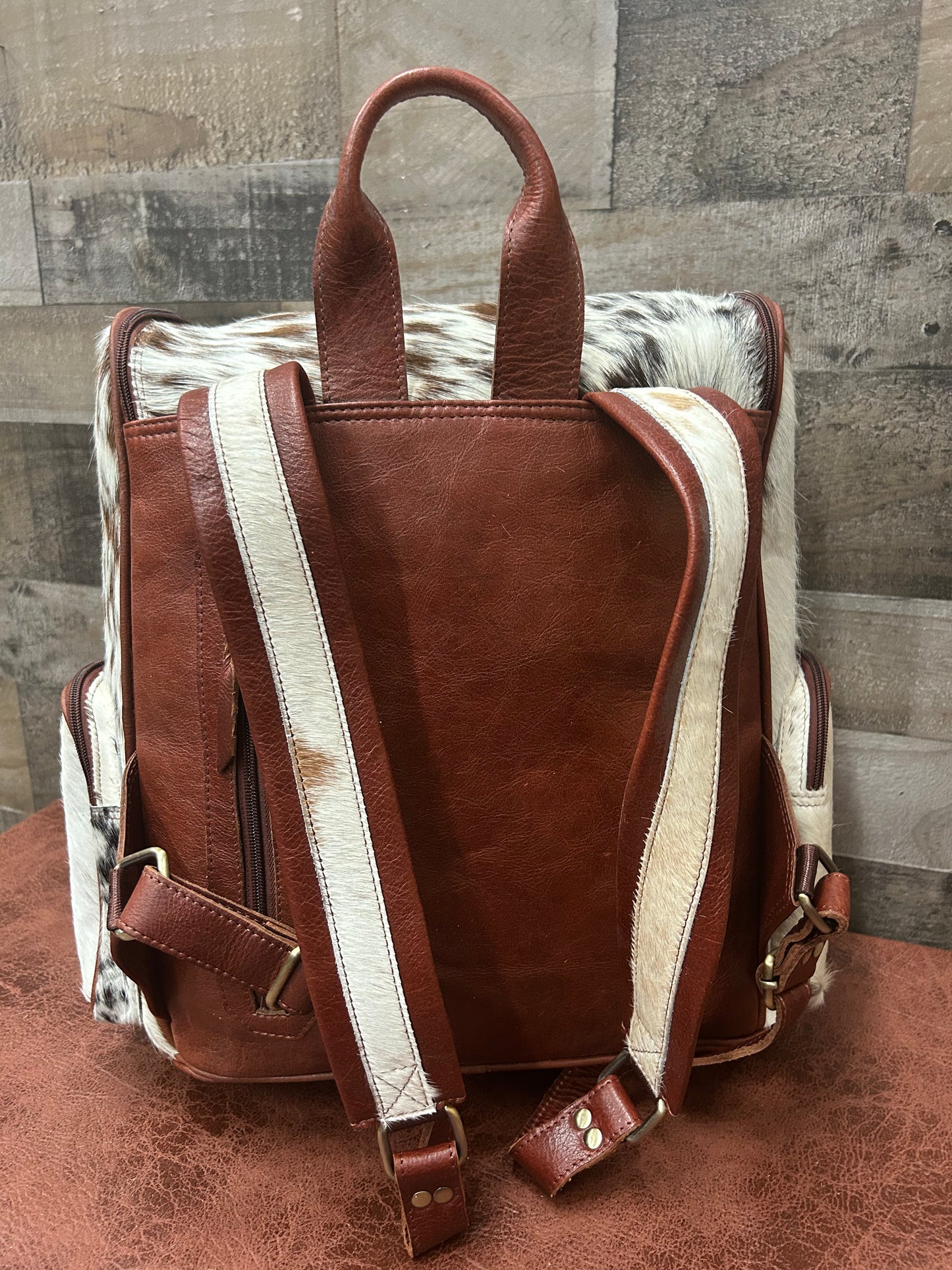 Leather Backpack With Cowhide L-12” H-14” W-6”