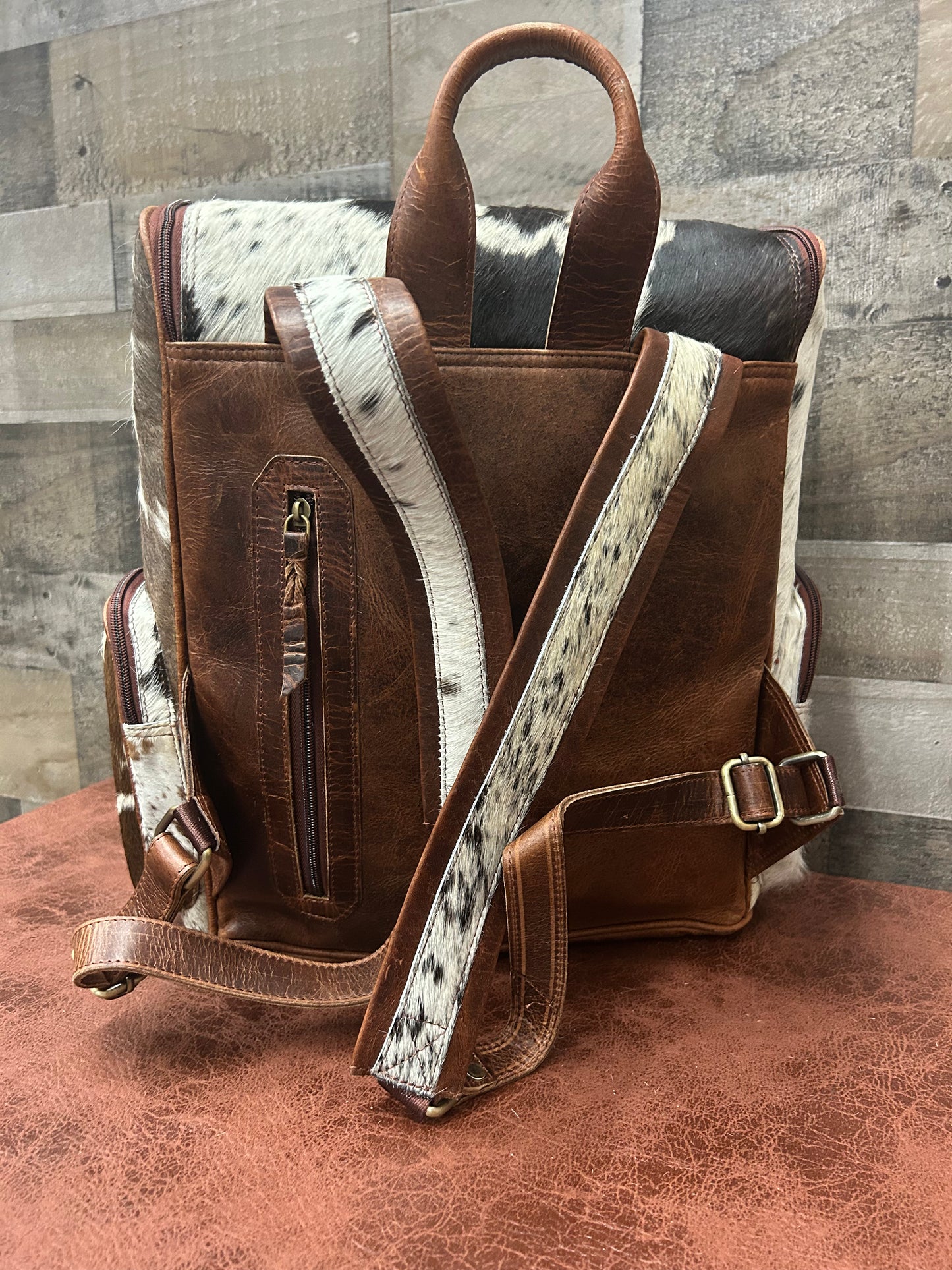 Leather Backpack With Cowhide L-12” H-14” W-6”