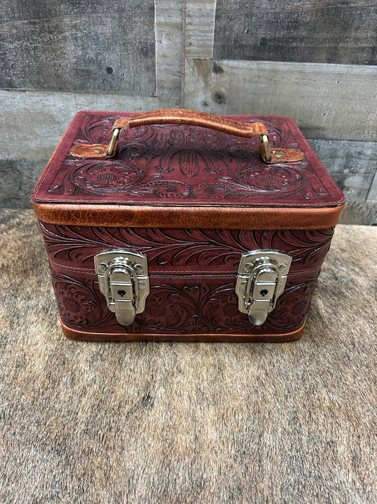 100% Leather Hand Tooled Jewelry Travel Case with Locking Latches 8x10x7
