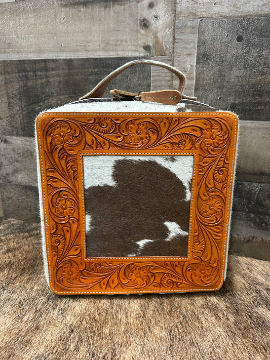 Leather Tooled Jewelry Box Wrapped In Cowhide 9x9x4.5