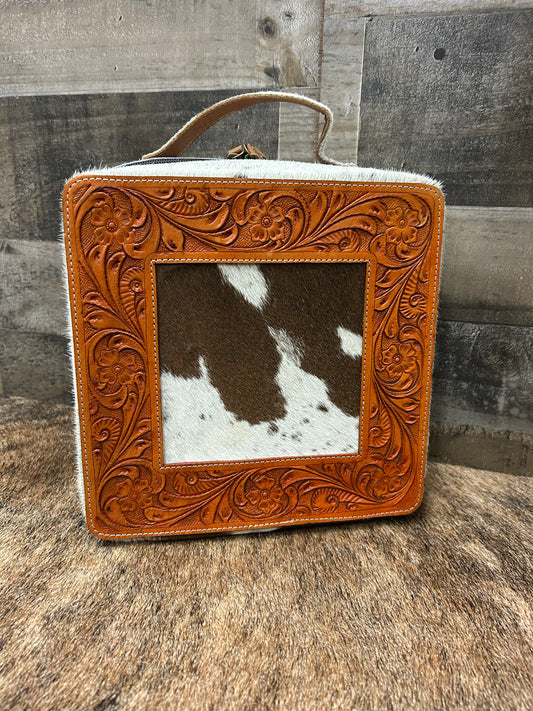 Leather Tooled Jewelry Box Wrapped In Cowhide 9x9x4.5