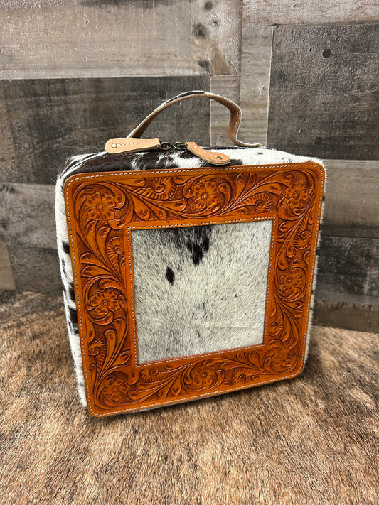 Leather Tooled Jewelry Box Wrapped In Cowhide 9x9x4.5