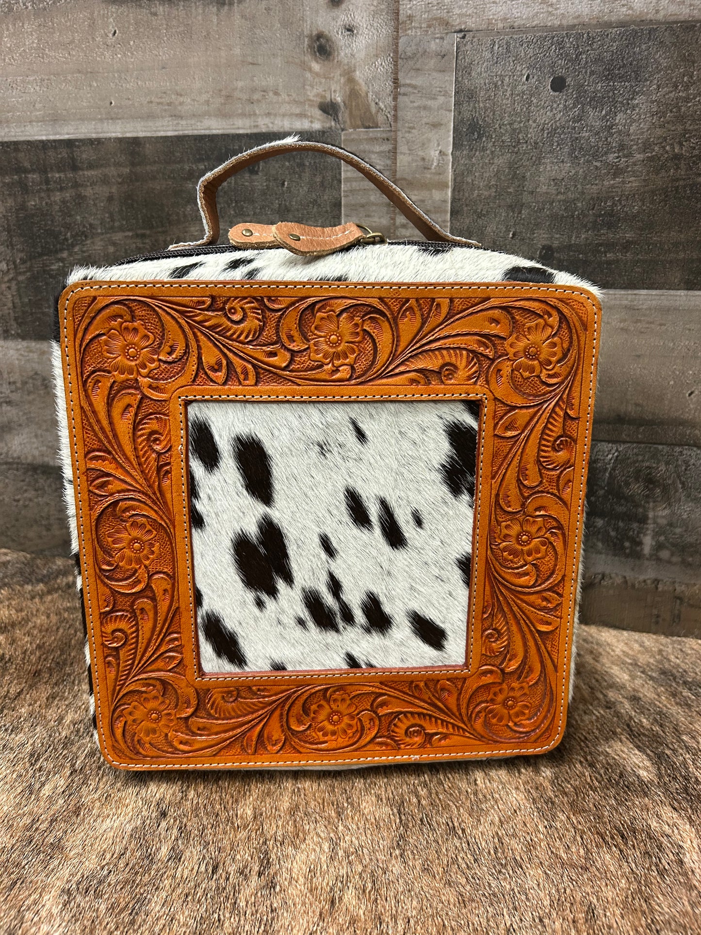 Leather Tooled Jewelry Box Wrapped In Cowhide 9x9x4.5