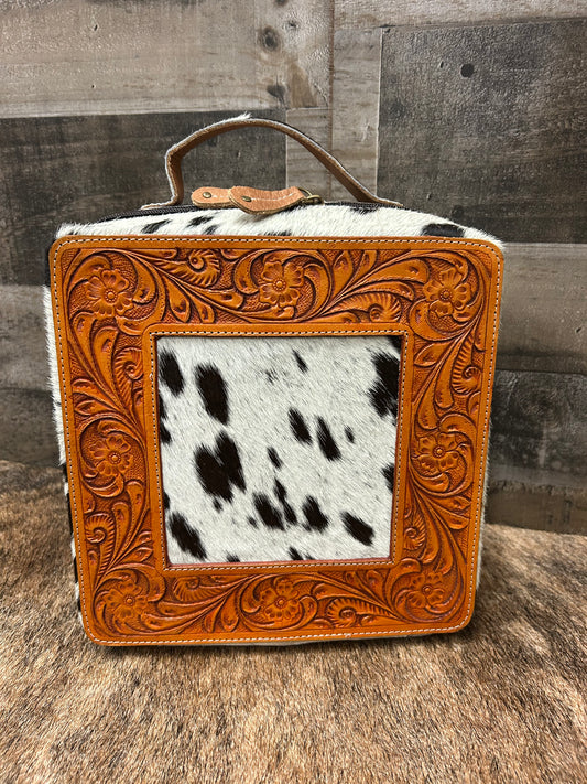 Leather Tooled Jewelry Box Wrapped In Cowhide 9x9x4.5