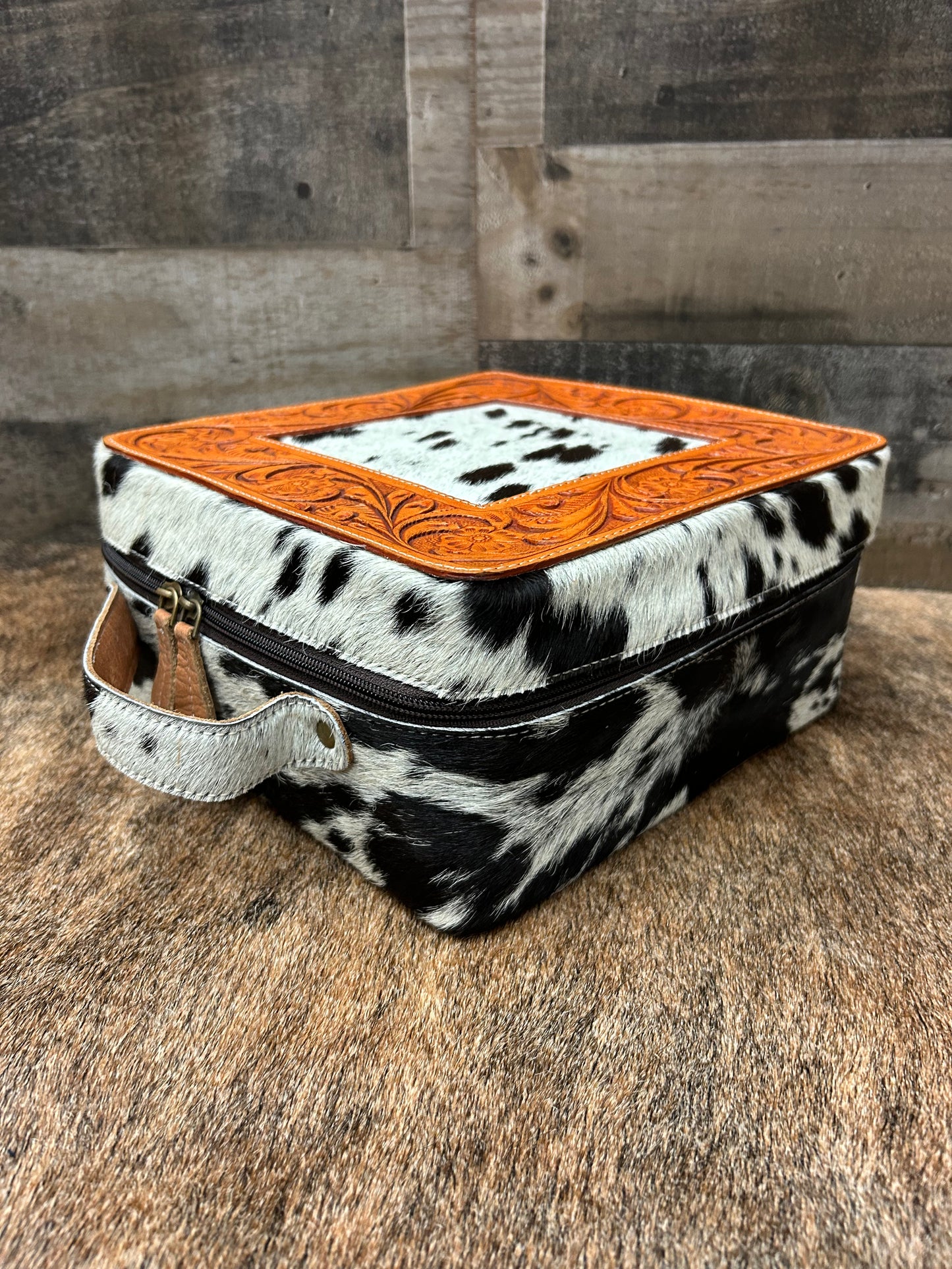 Leather Tooled Jewelry Box Wrapped In Cowhide 9x9x4.5