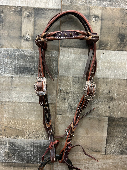 Classic Headstall BySouth Point Brown Leather With Dark Purple