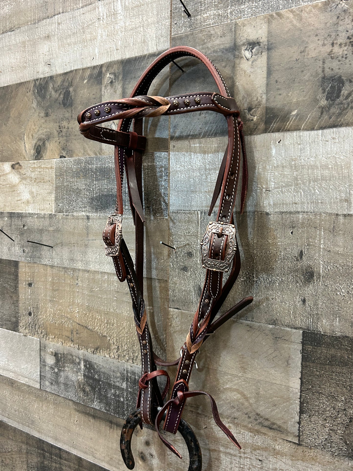Classic Headstall BySouth Point Brown Leather With Dark Purple