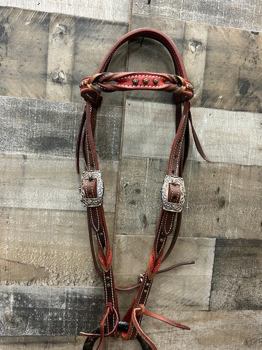 Classic Headstall BySouth Point Brown Leather With Red