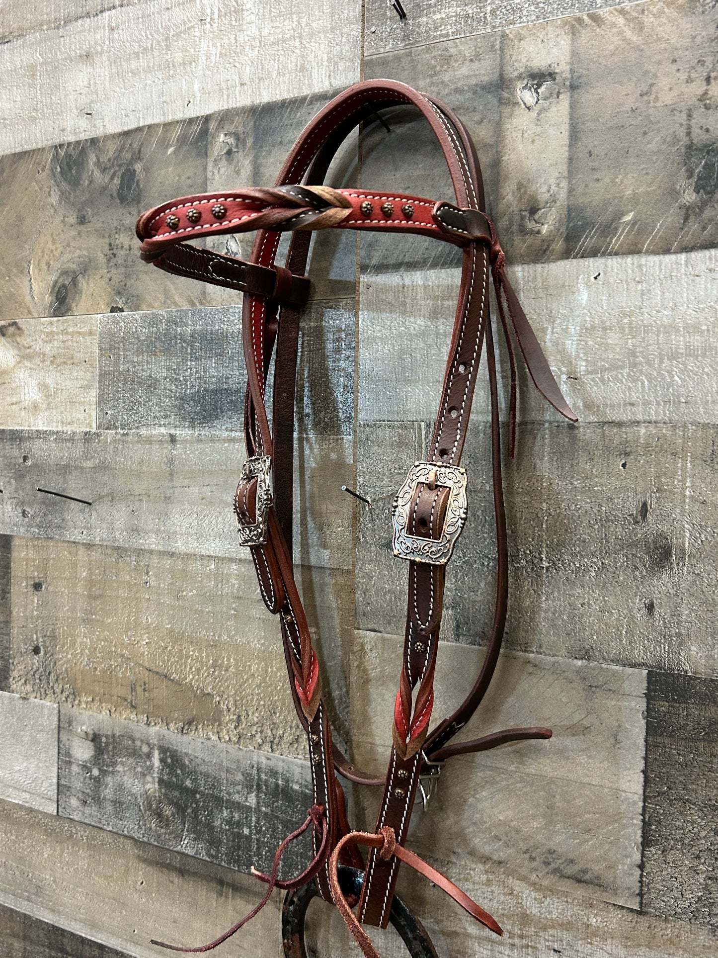 Classic Headstall BySouth Point Brown Leather With Red