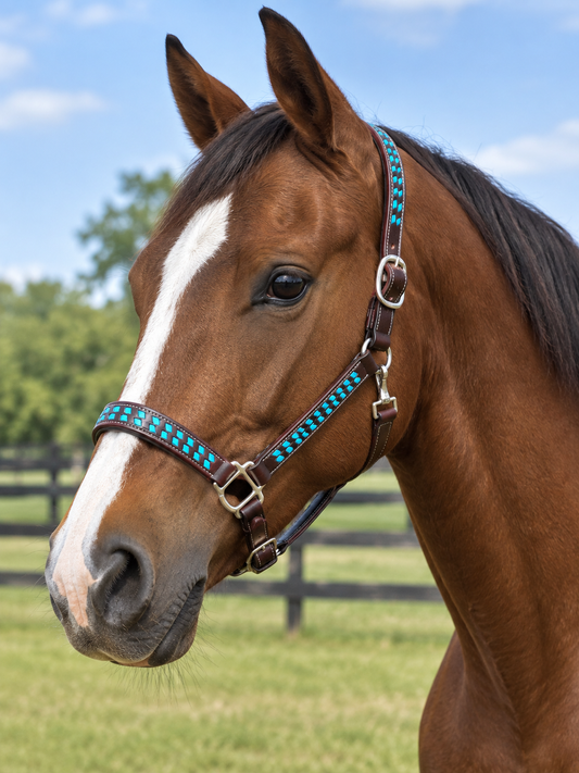 Turquoise Buckstitch Leather Halter 3 Way Adjustable