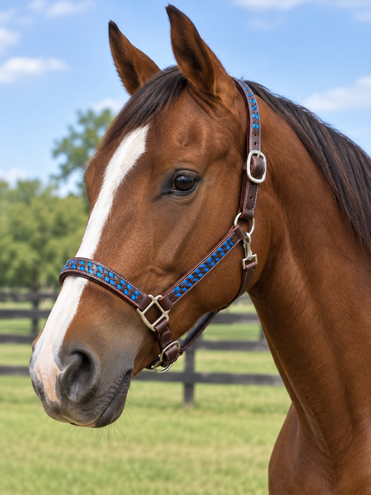 Blue Buckstitch Leather Halter 3 Way Adjustable