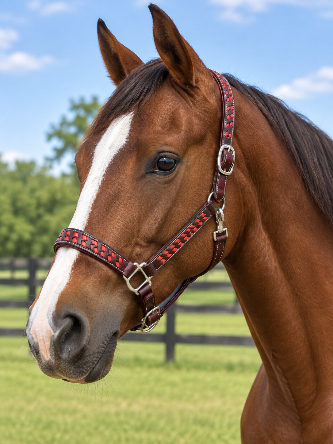 Red Buckstitch Leather Halter 3 Way Adjustable