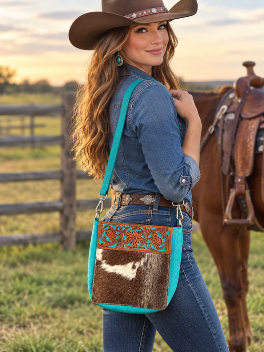 Leather Purse With Cowhide 9”x10”x3”