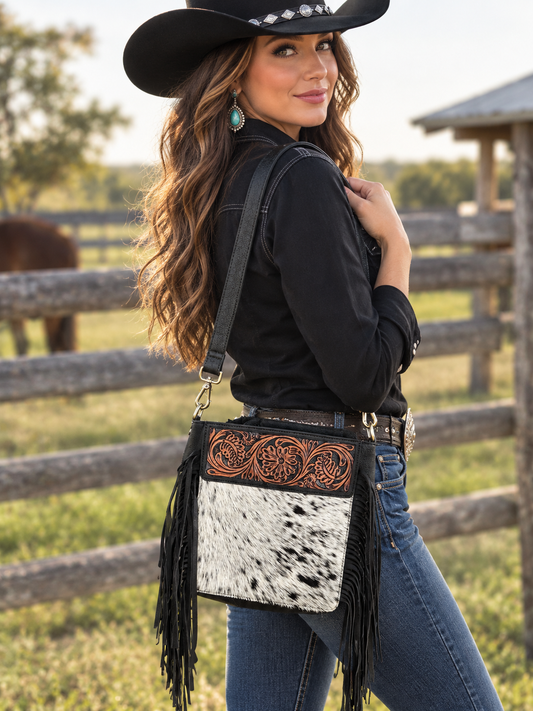 Leather Purse With Cowhide 9”x10”x3”