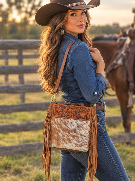 Leather Purse With Cowhide 9”x10”x3”