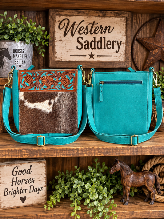 Leather Purse With Cowhide 9”x10”x3”