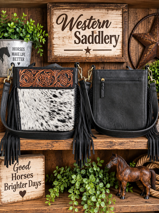 Leather Purse With Cowhide 9”x10”x3”