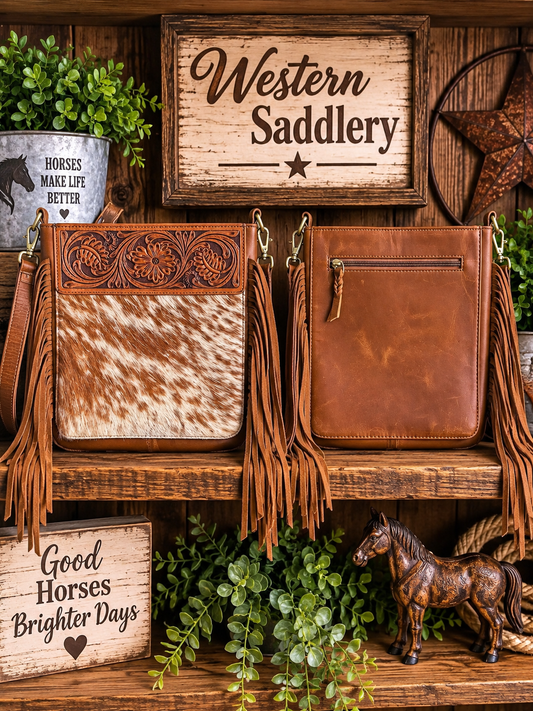 Leather Purse With Cowhide 9”x10”x3”