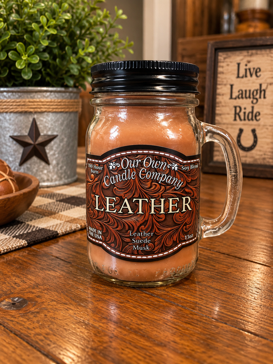 Leather Candle scent ￼leather, Suede, Musk
