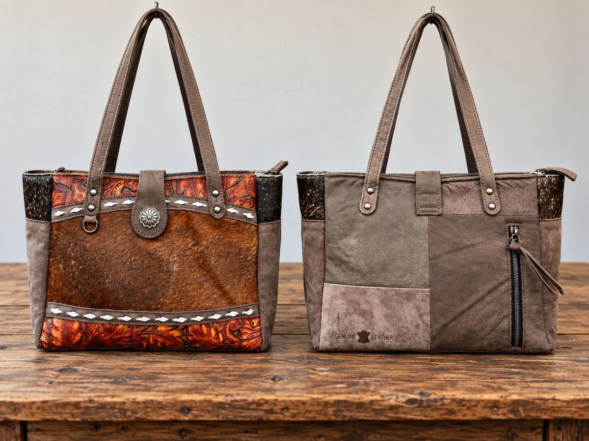 Leather Purse With Cowhide L-12”, W-3”, H-10”