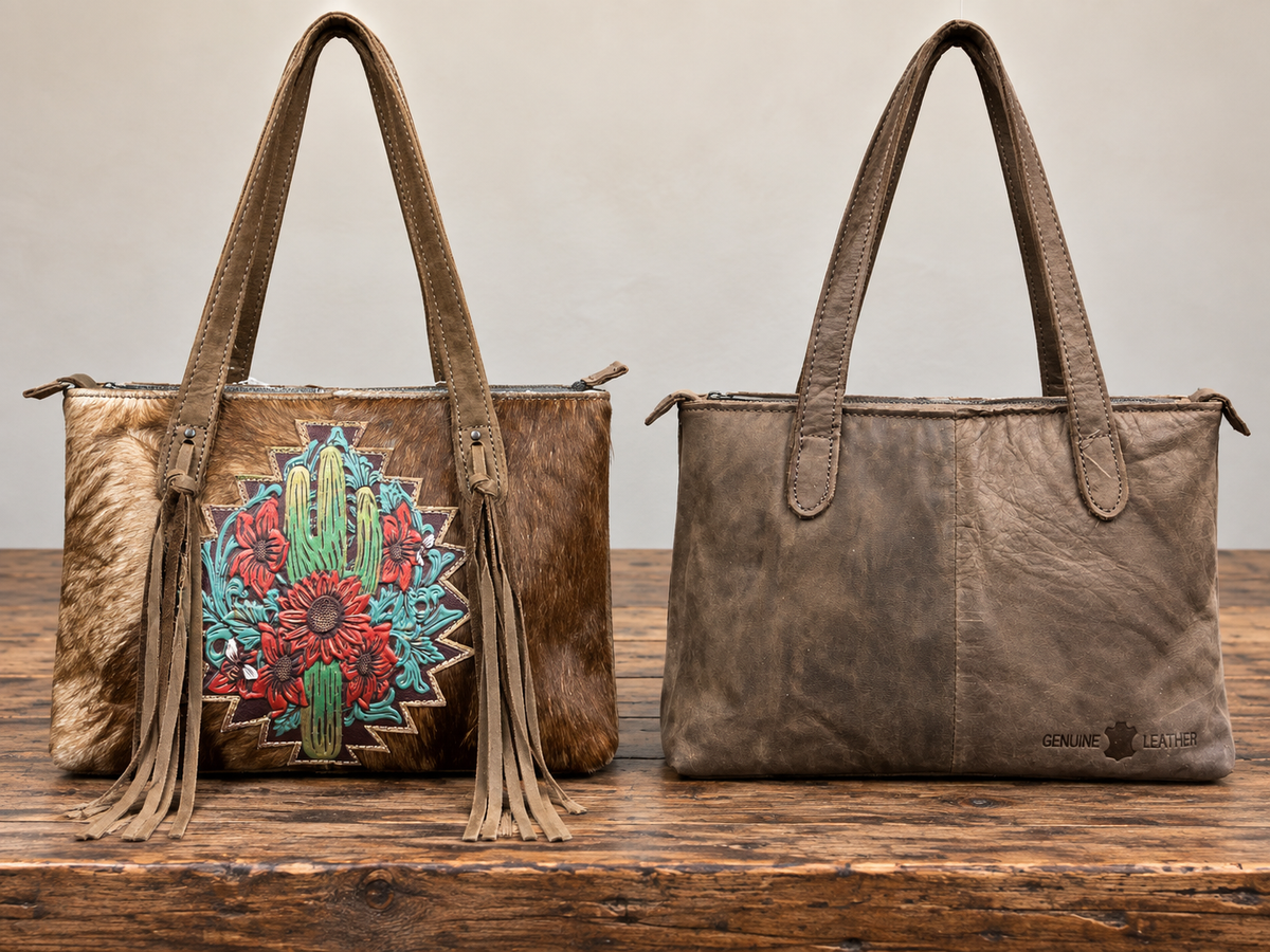 Leather Purse With Cowhide L-12”, W-3.5”, H-8”