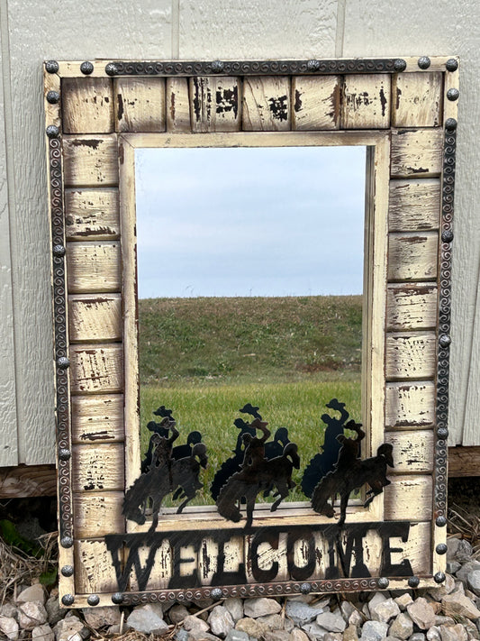 Wood Frame Western Mirror With Metal Cowboy Cut out