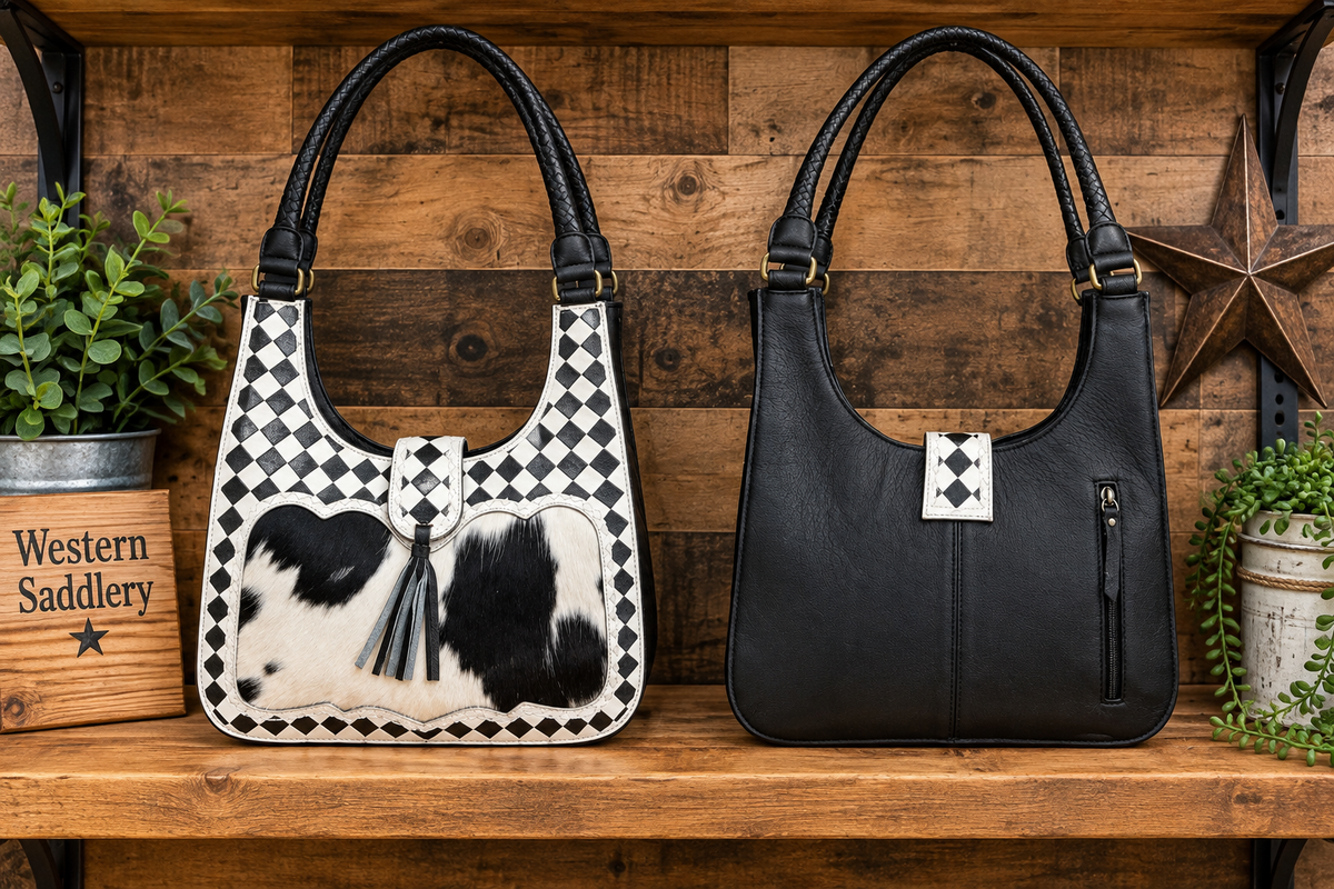 Leather Checker Purse With Cowhide 13”L x 3”W x 13” T