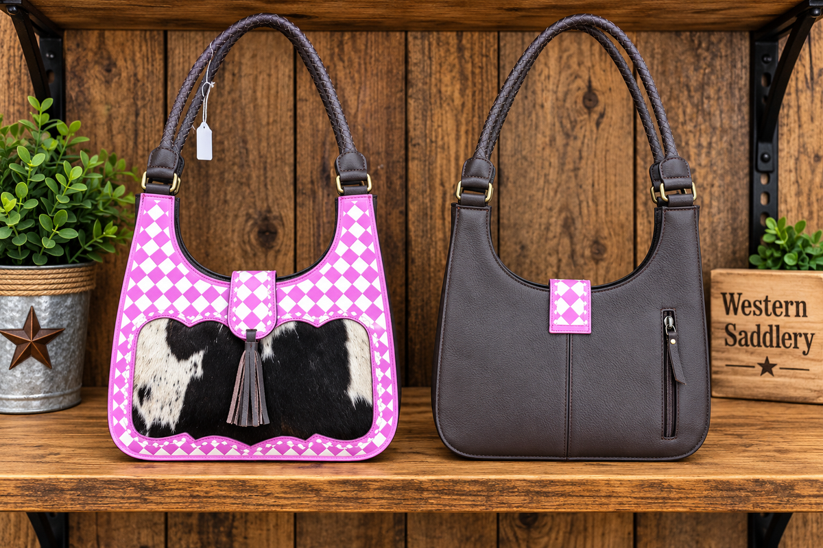 Leather Checker Purse With Cowhide 13”L x 3”W x   13” T