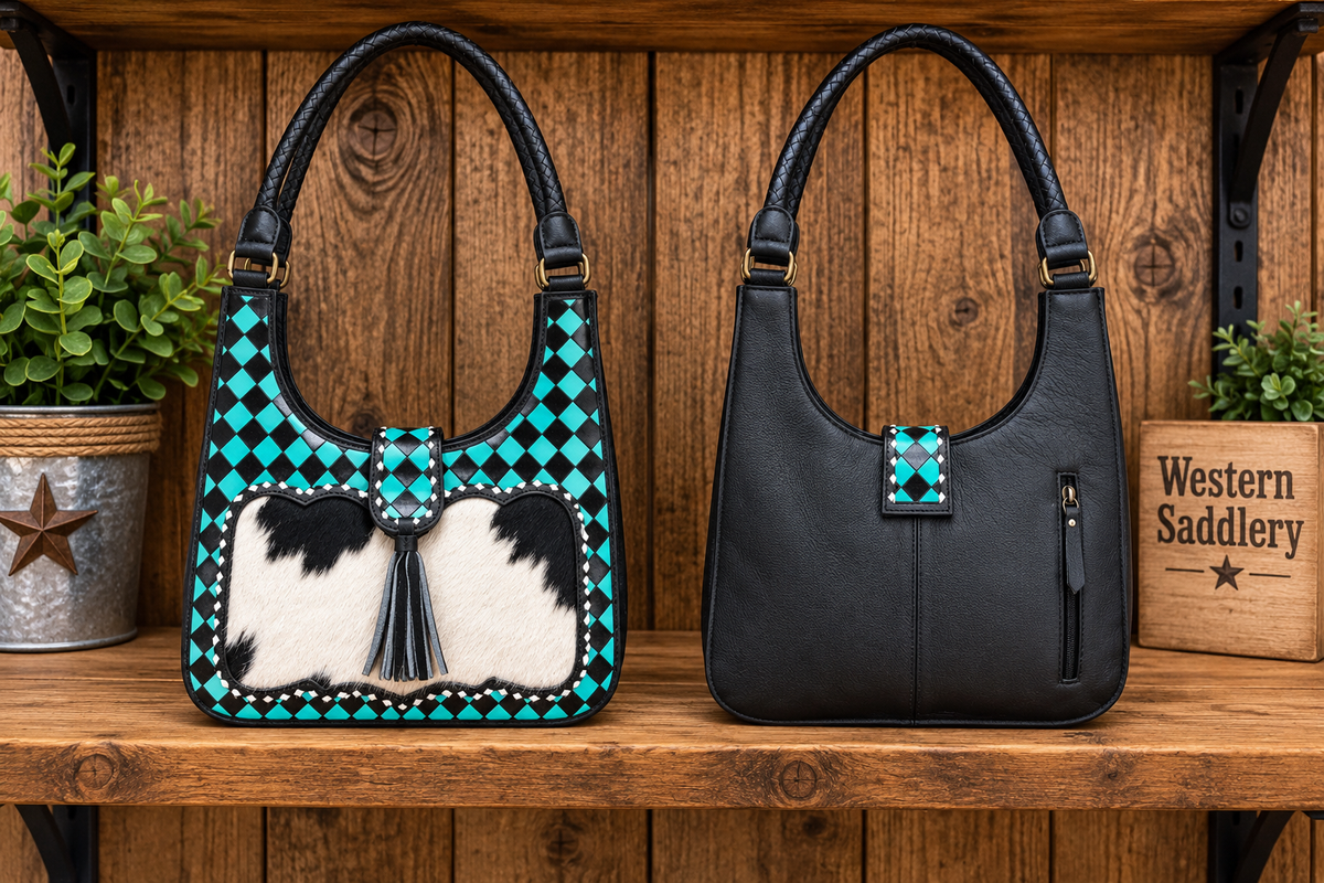 Leather Checker Purse With Cowhide 13”L x 3”W x   13” T