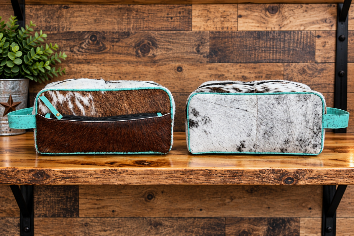 Leather With Cowhide Toiletry Bag 10”L x 5”T x 5”W