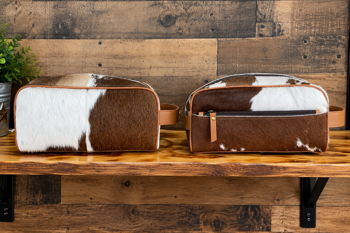 Leather With Cowhide Toiletry Bag 10”L x 5”T x 5”W