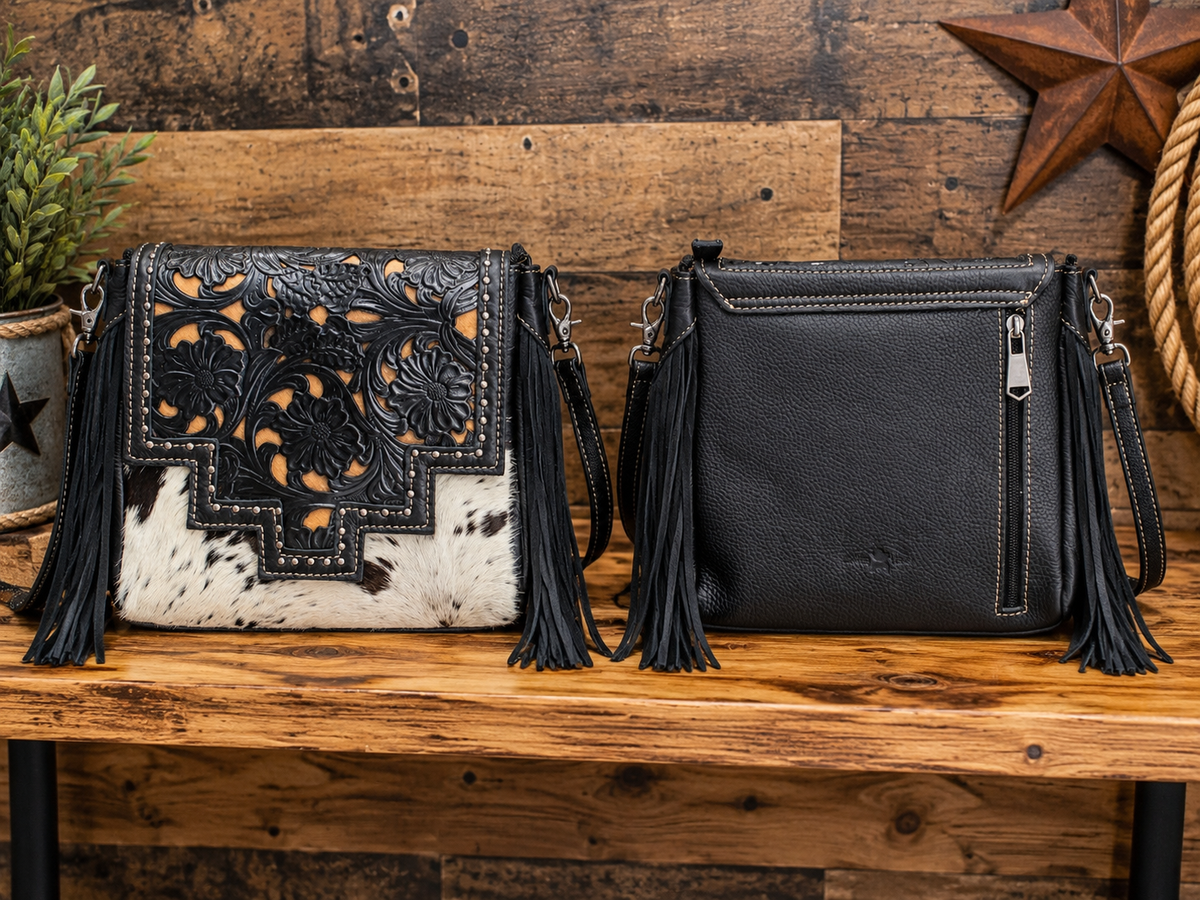 Leather Purse With Cowhide 8”x8”