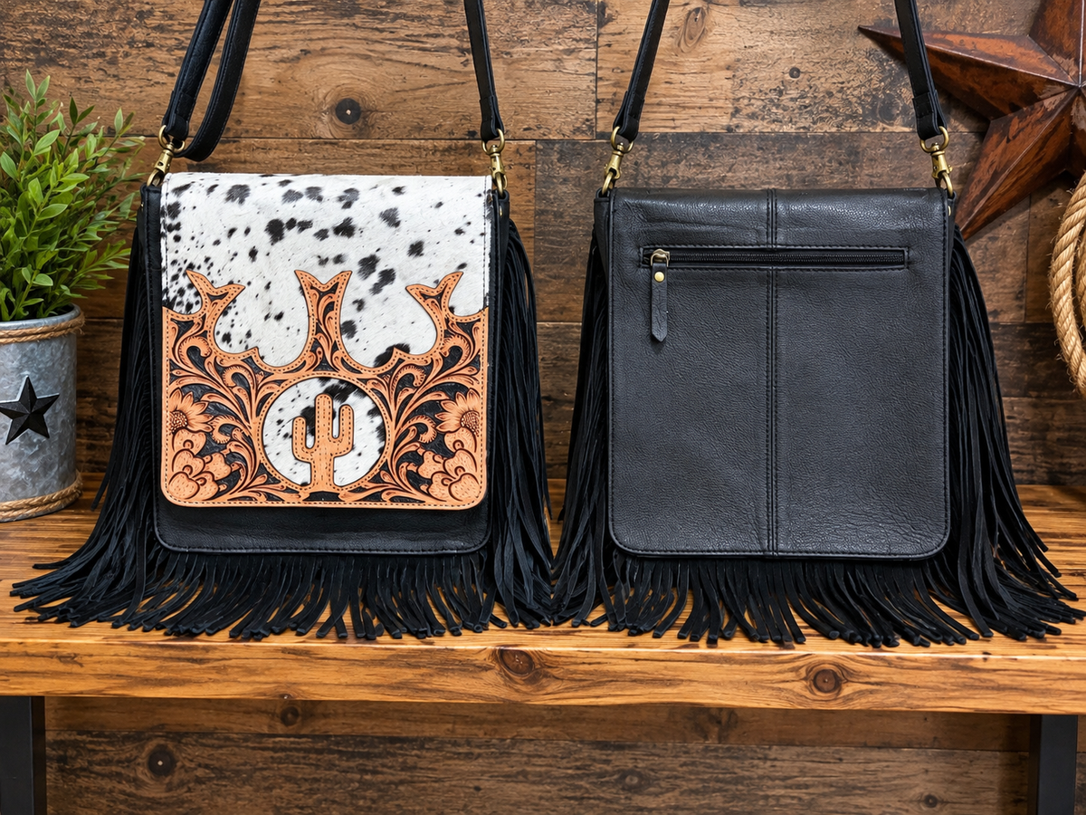 Leather Purse With Cowhide 9”L x 11”H x 3”W