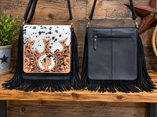 Leather Purse With Cowhide 9”L x 11”H x 3”W