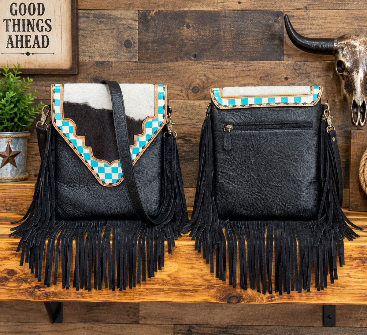 Leather Purse With Cowhide 9”L X 11”T