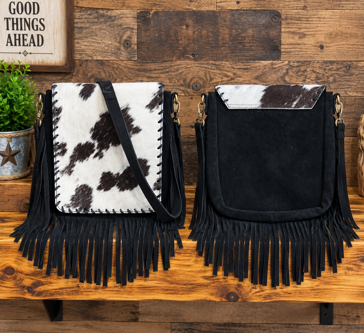 Leather Purse With Cowhide 8”x8”