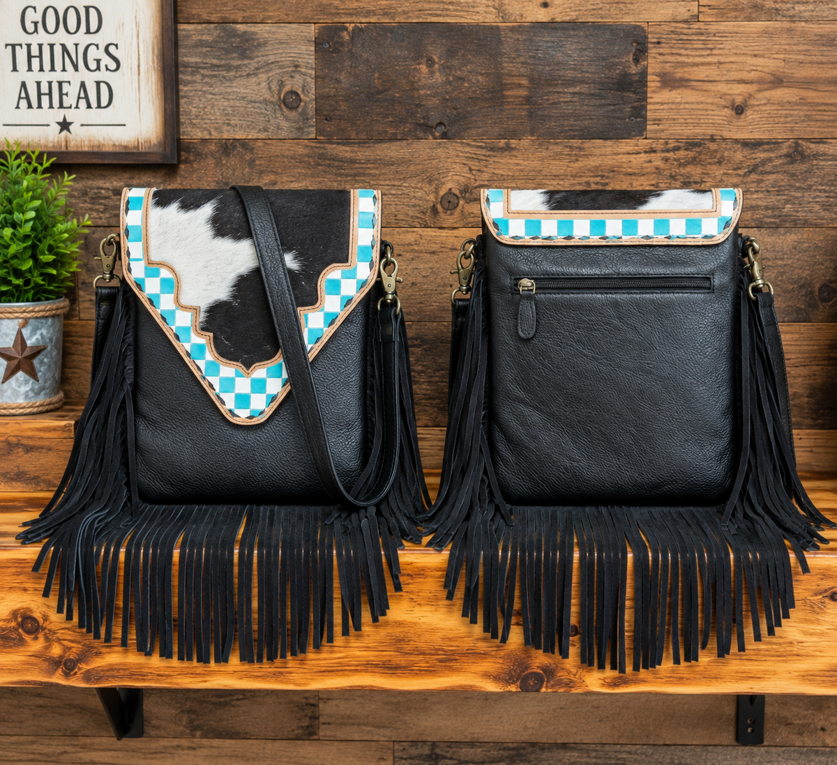 Leather Purse With Cowhide 9”L X 11”T