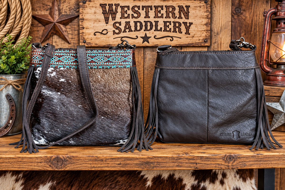 Leather Purse With Cowhide                          10”L X 9”T X 3” W