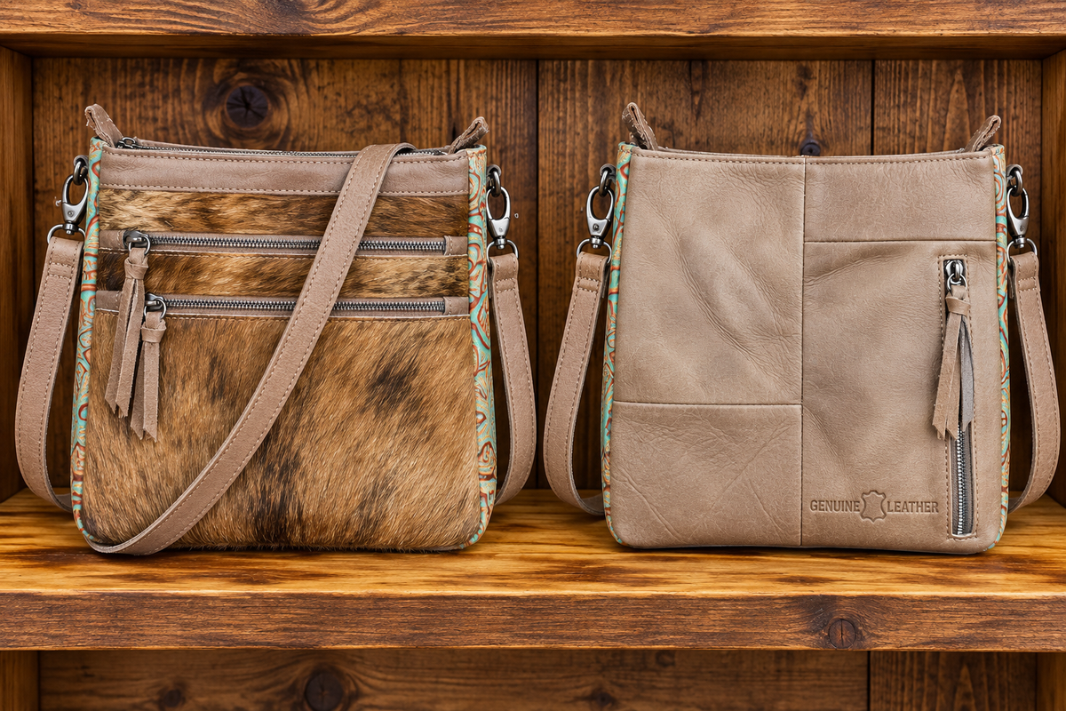 Leather With Cowhide Purse With 2 Front Zipper Pockets 9”L x 10”H x 3”W