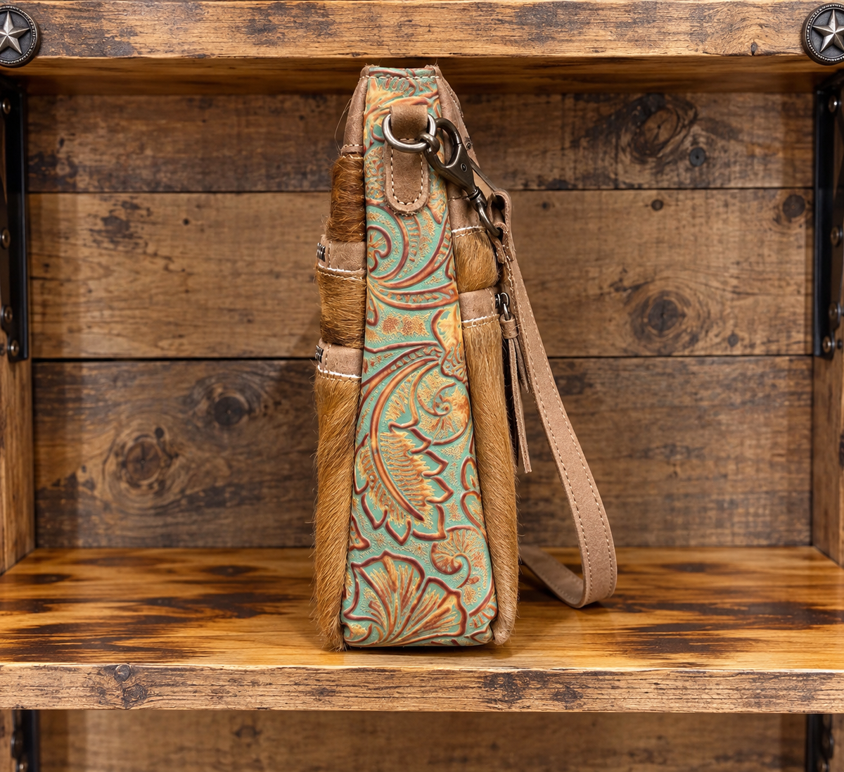 Leather With Cowhide Purse With 2 Front Zipper Pockets 9”L x 10”H x 3”W