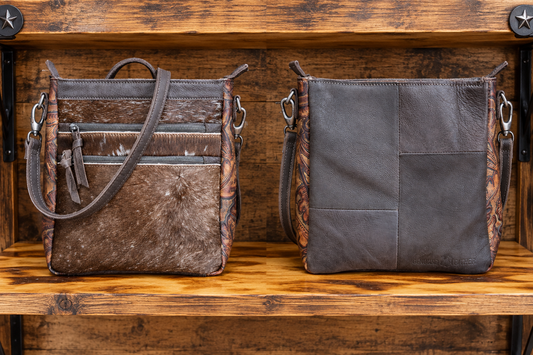 Leather With Cowhide Purse With 2 Front Zipper Pockets 9”L x 10”H x 3”W