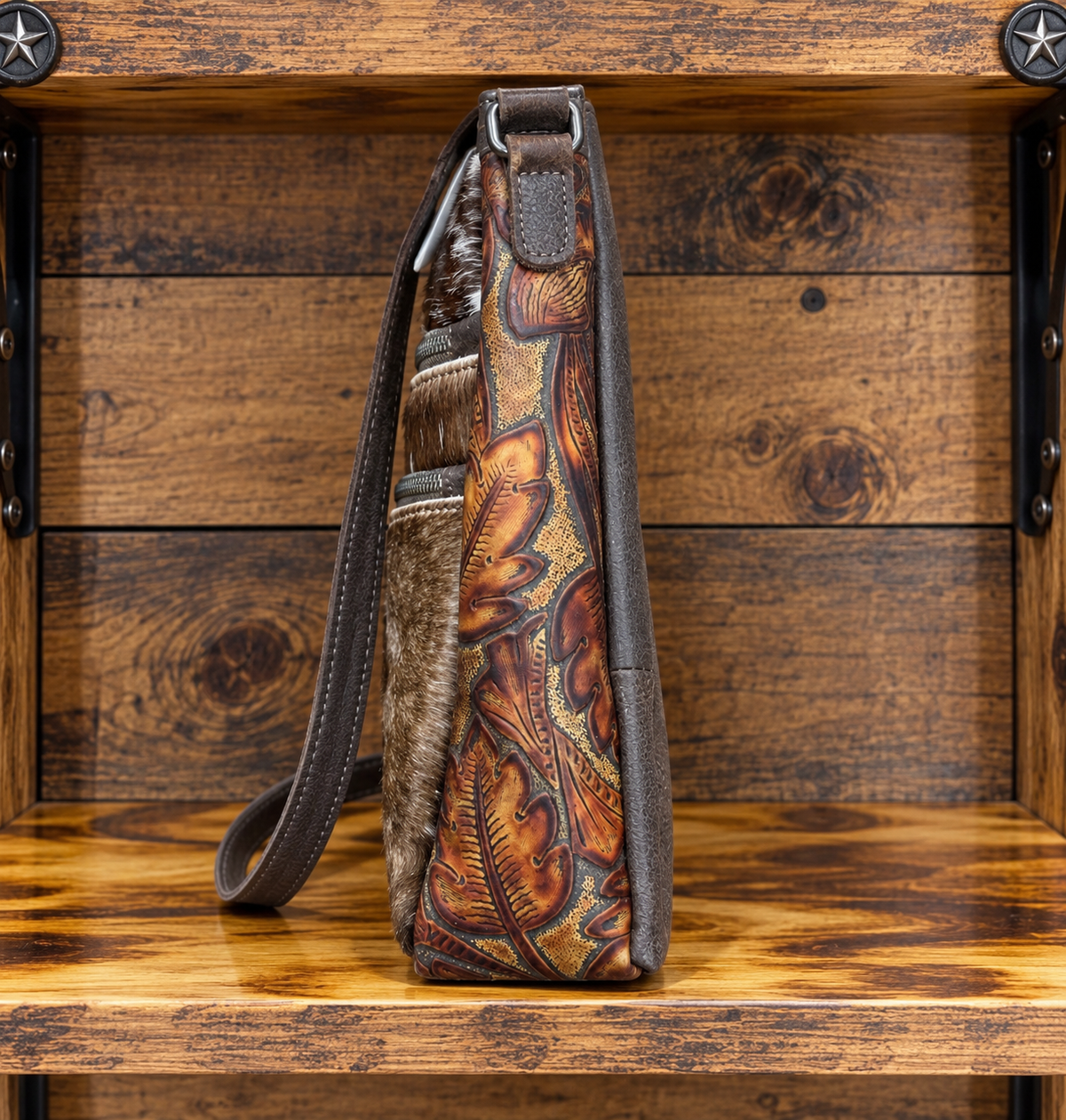 Leather With Cowhide Purse With 2 Front Zipper Pockets 9”L x 10”H x 3”W